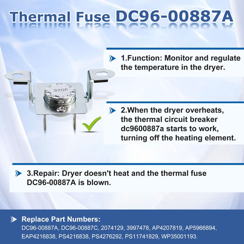 Azdele DC47-00016A Dryer Thermal Fuse Kit for Samsung DC47-00016A Thermal Fuse & DC96-00887A Thermostat & DC32-00007A Dryer Thermistor & DC47-00018A Thermostat Compatible with Samsung lg Kenmore Dryers - Image 3